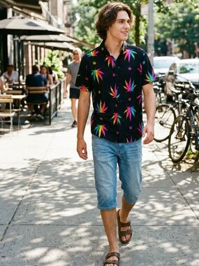 Kronic Prints by Drill Clothing Cannabis Leaf Button Up Short Sleeve Shirt NWT